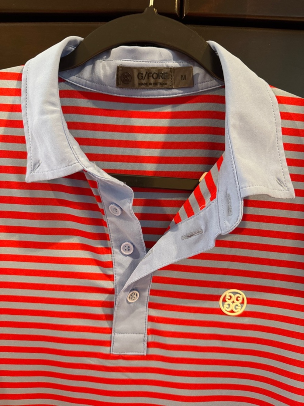 G/FORE Red and Light Blue Striped Polo with Light Blue Collar. Size medium. - Picture 3 of 4